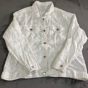 Jones & Co Jones New York White 100% Linen Trucker Jacket Womens 1X Plus Size